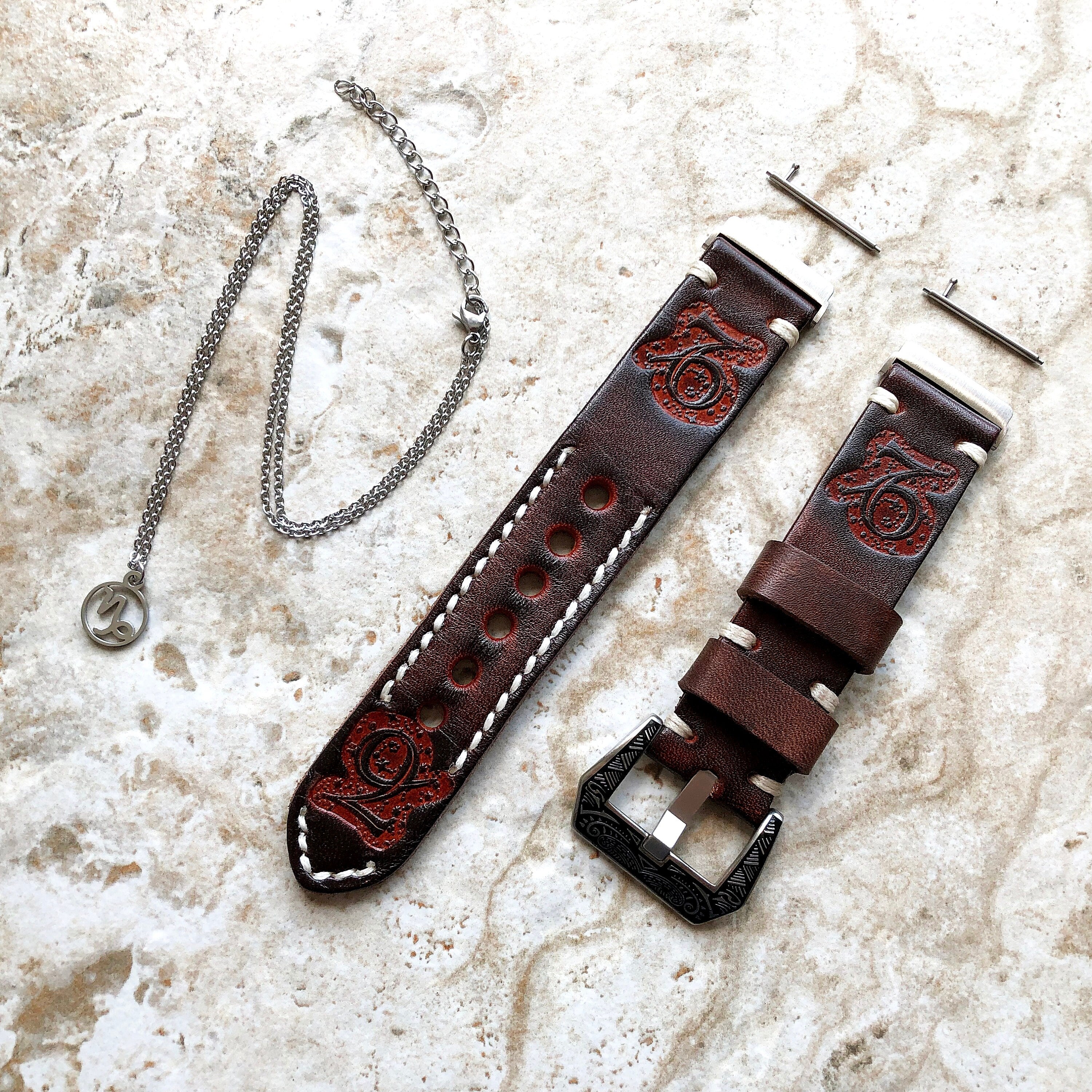 Fitbit Versa 2 3 4 Sense 2 Capricorn Zodiac Set Band Strap Brown Tooled Embossed Leather in Silver Rose Gold Black + 25" Pendants Necklace